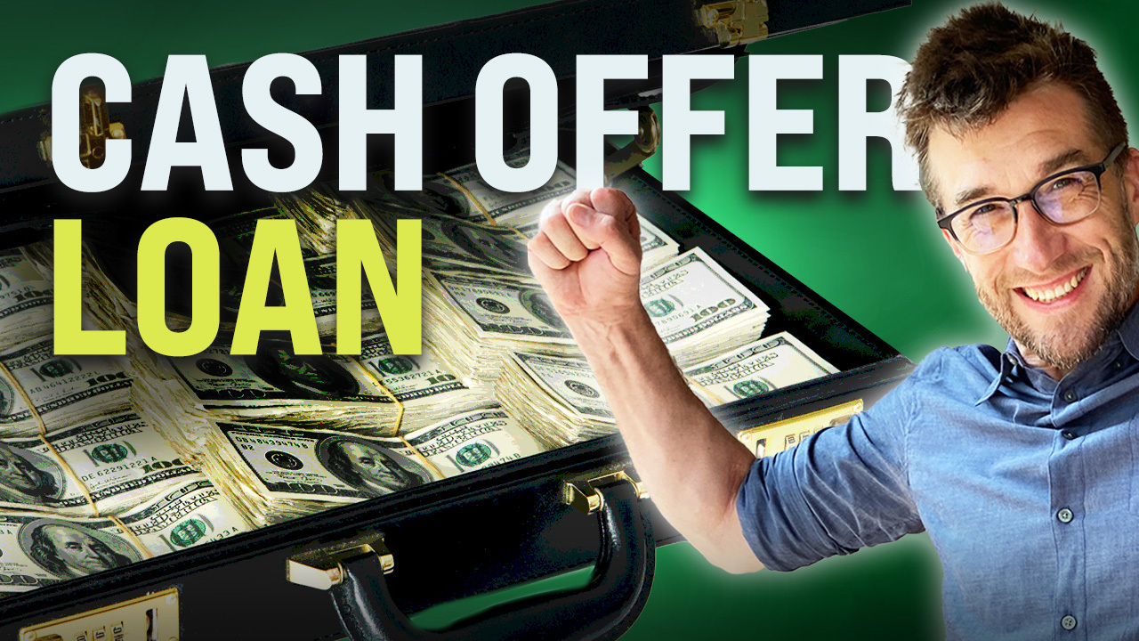 Man celebrating with raised fist next to a briefcase full of cash, illustrating a cash-out refinance loan concept.
