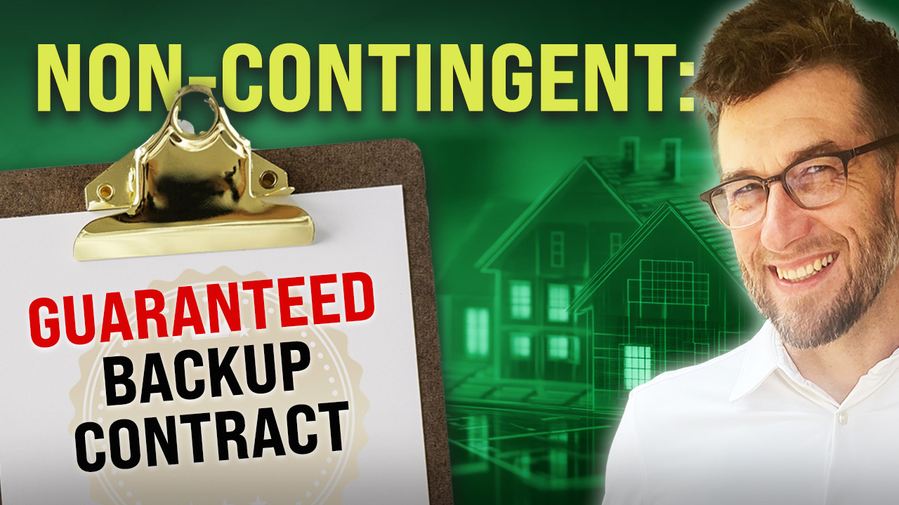 Graphic explaining non-contingent home offers with a guaranteed backup contract and housing illustration.