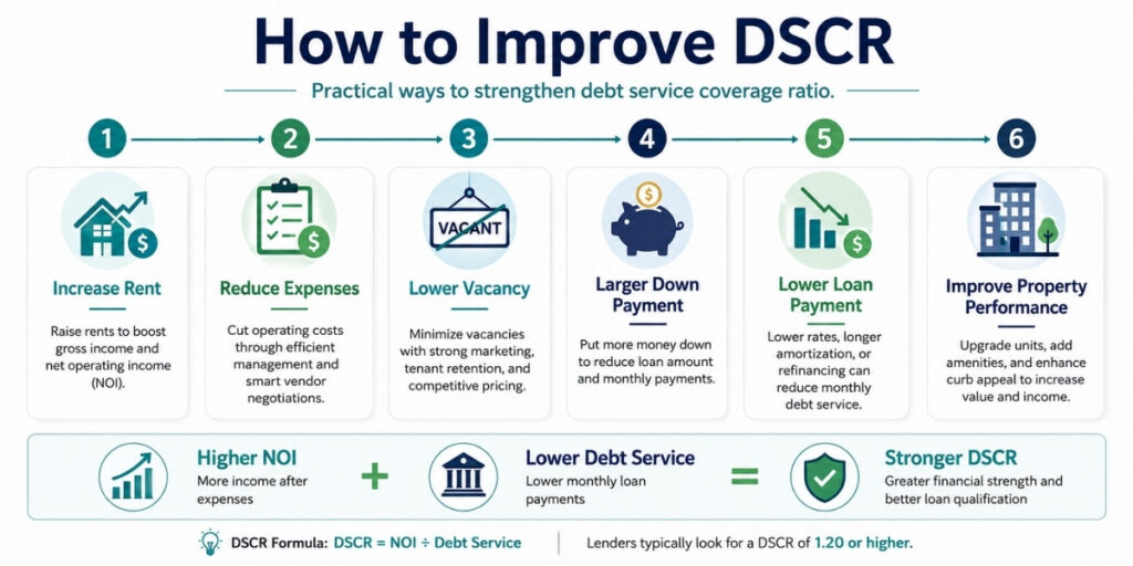 Checklist graphic showing ways to improve DSCR, including increasing rent, reducing expenses, lowering vacancy, making a larger down payment, lowering loan payments, and improving property performance.