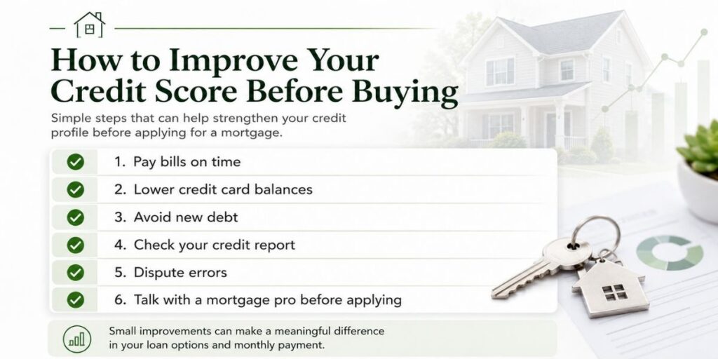 Checklist graphic showing steps to improve credit before buying a home, including paying bills on time, lowering balances, avoiding new debt, checking credit reports, disputing errors, and speaking with a mortgage professional.