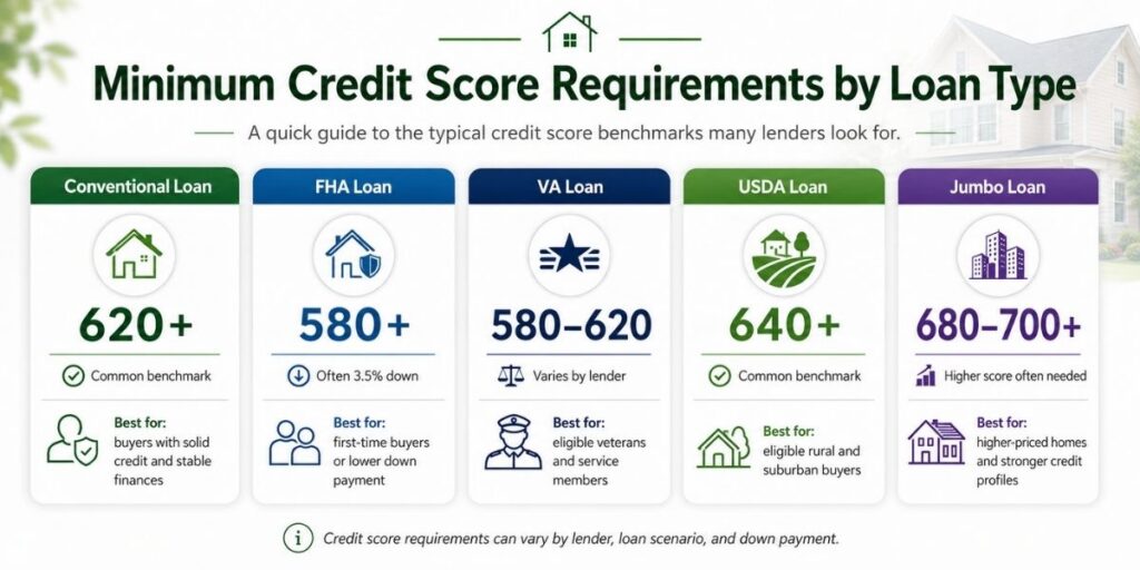 Comparison graphic showing typical minimum credit score benchmarks for conventional, FHA, VA, USDA, and jumbo mortgage loan types.