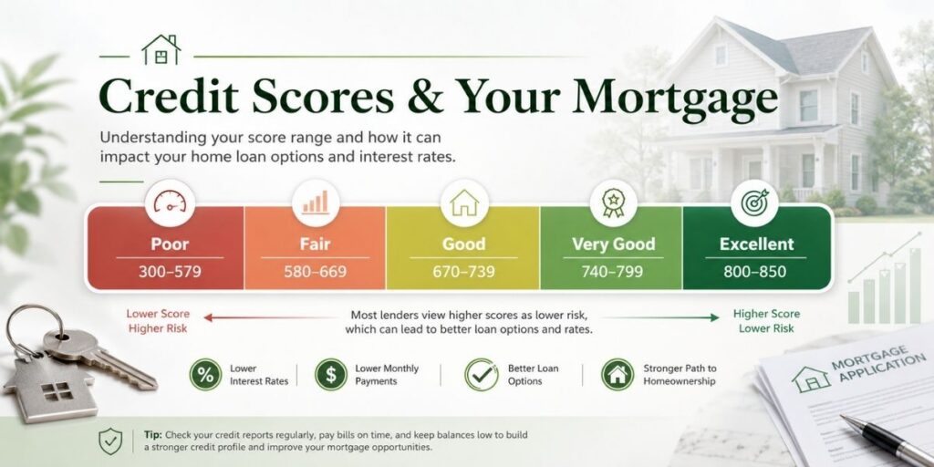 Visual guide showing credit score ranges from poor to excellent and how higher credit scores may support better mortgage options and rates.
