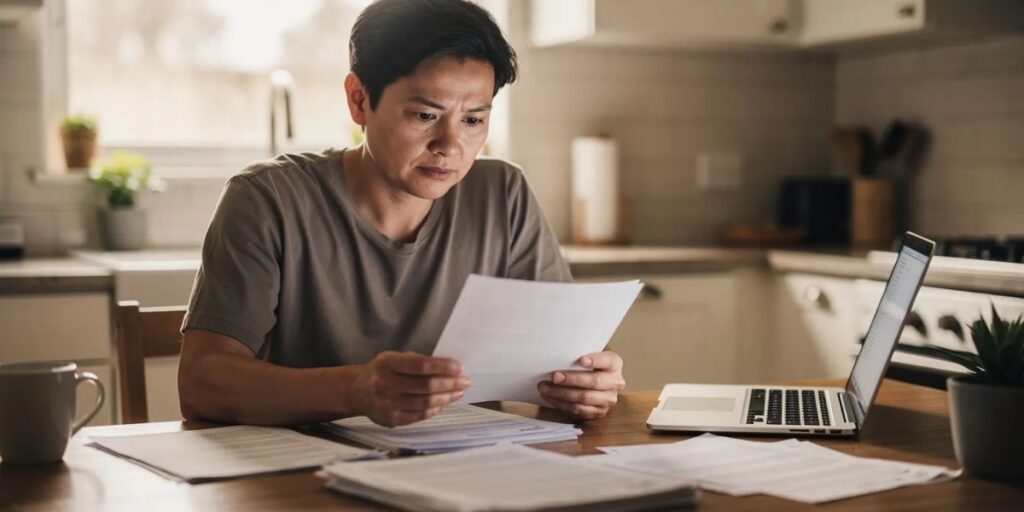 A person is seated at a kitchen table, reviewing paper documents and a laptop, likely analyzing their current mortgage options. They may be considering refinancing their mortgage to achieve lower monthly payments or access home equity for financial goals.