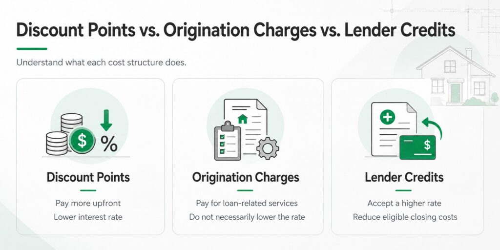 Comparison of discount points, origination charges, and lender credits, explaining how each affects upfront costs and mortgage rates.