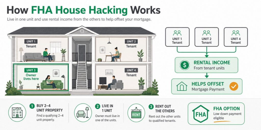 How FHA house hacking works: the owner lives in one unit and rents the other units to help offset the mortgage payment.