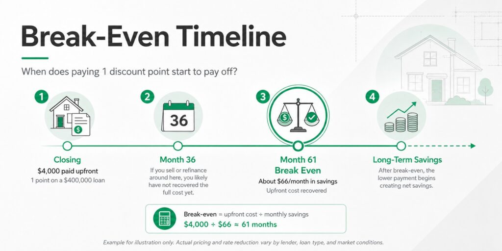 Break-even timeline showing a $4,000 mortgage discount point cost recovered after about 61 months through $66 in monthly savings.