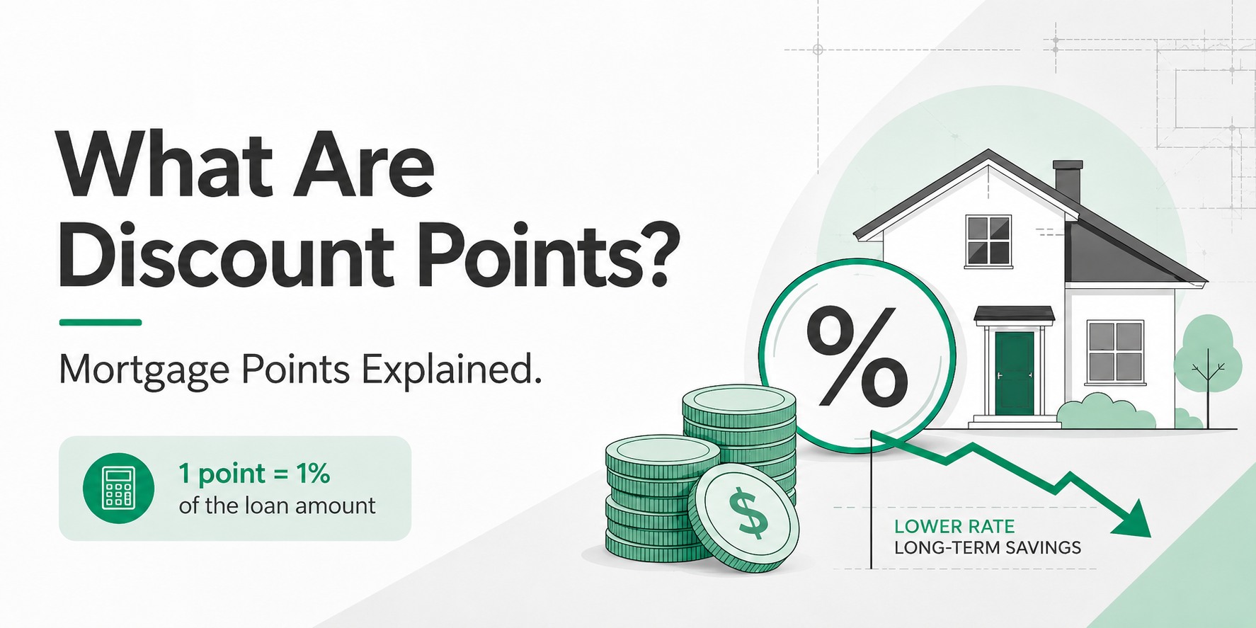 Illustration explaining mortgage discount points, showing that one point equals 1% of the loan amount and may lower the interest rate.
