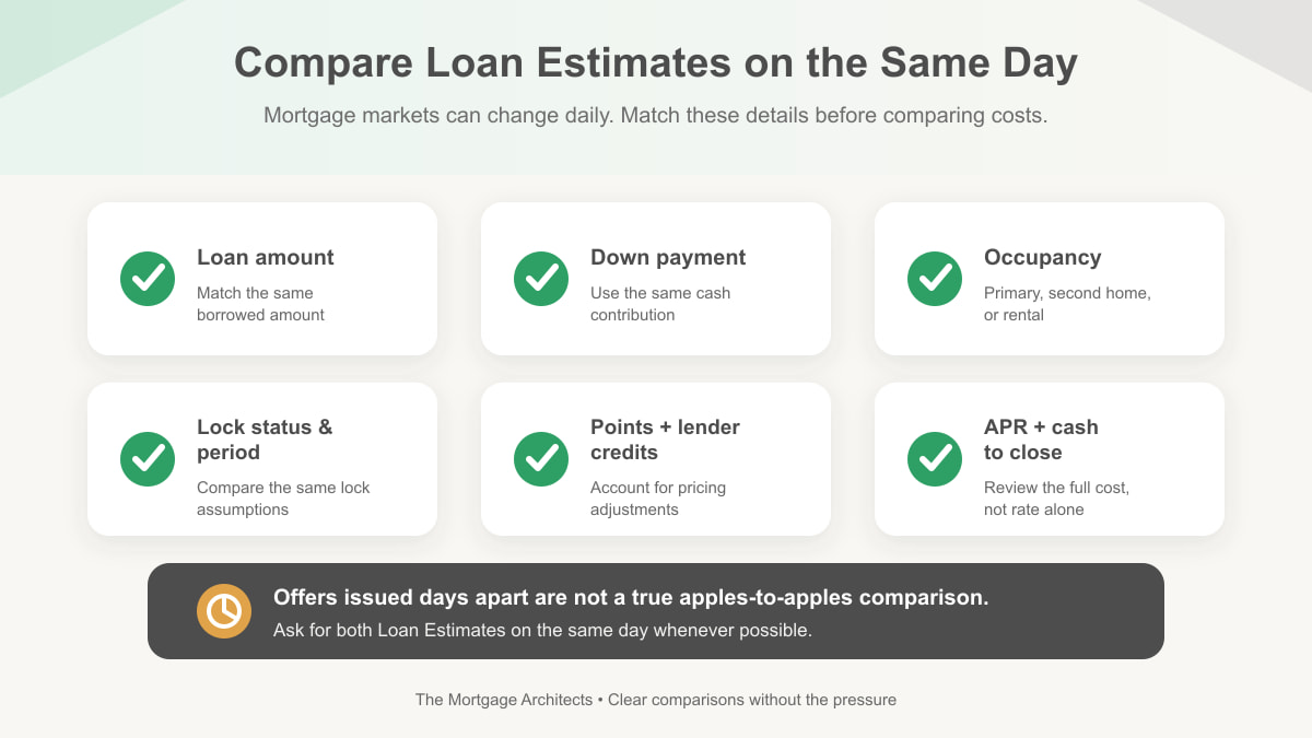 Checklist for comparing same-day Loan Estimates, including loan amount, down payment, occupancy, lock period, points, lender credits, APR, and cash to close.